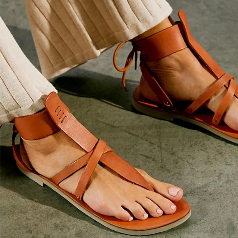 Free People Cognac Brown Leather Ankle-Strap Sandals